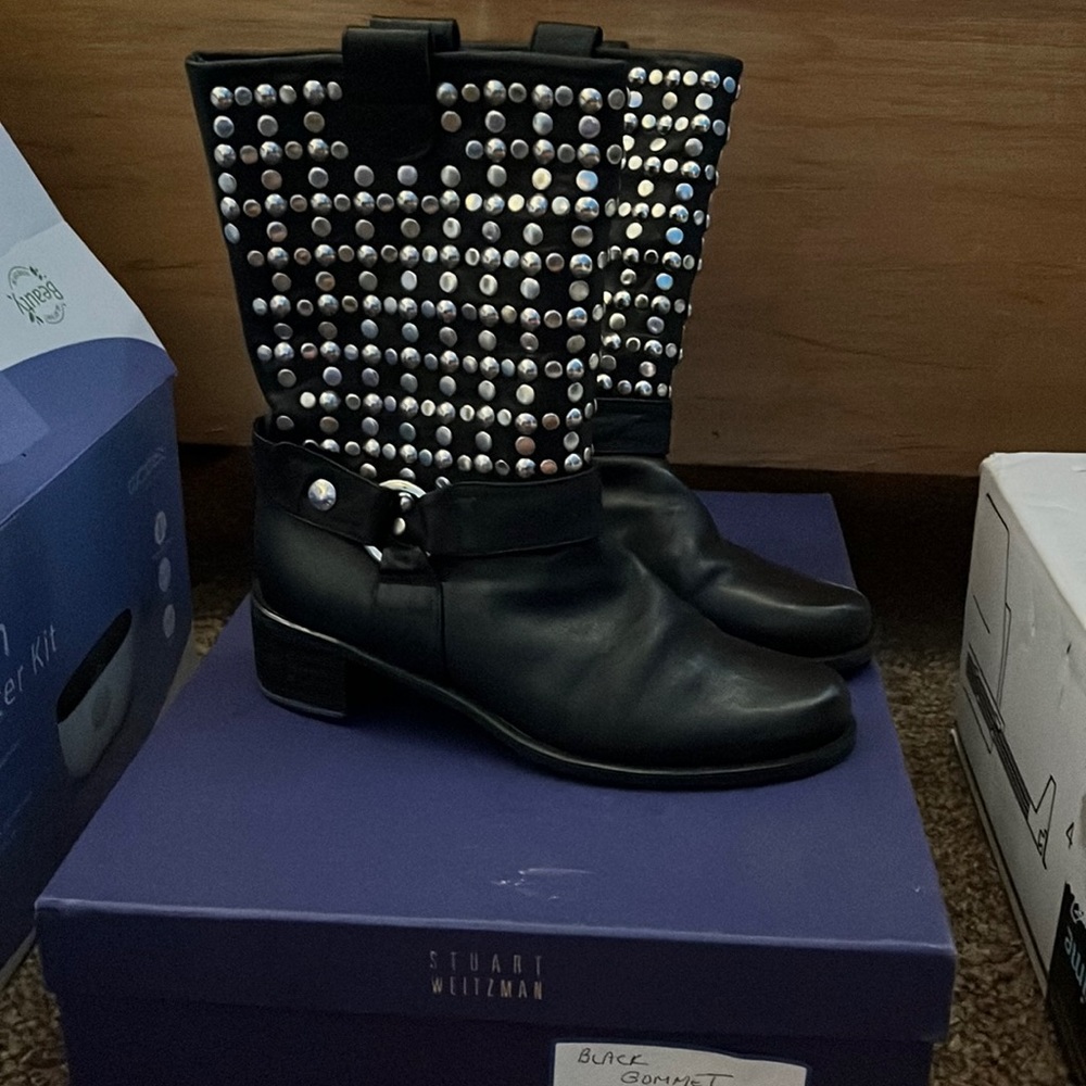 Stuart Weitzman women black leather studded moto mid calf boots US 7.5